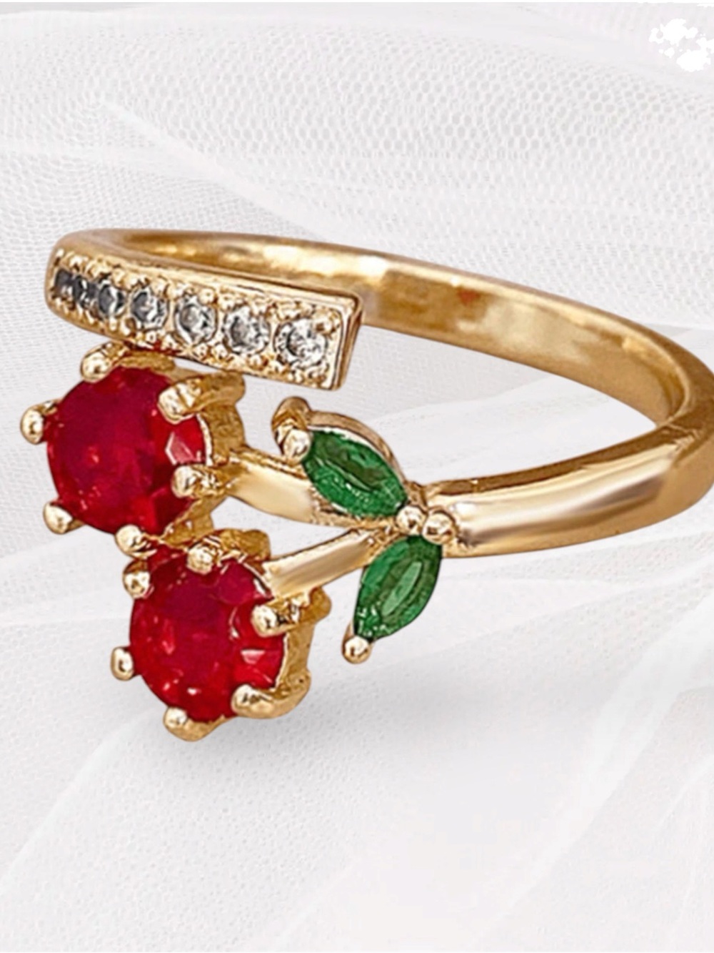 Gold Cherry Ring with Red and Green Gemstones